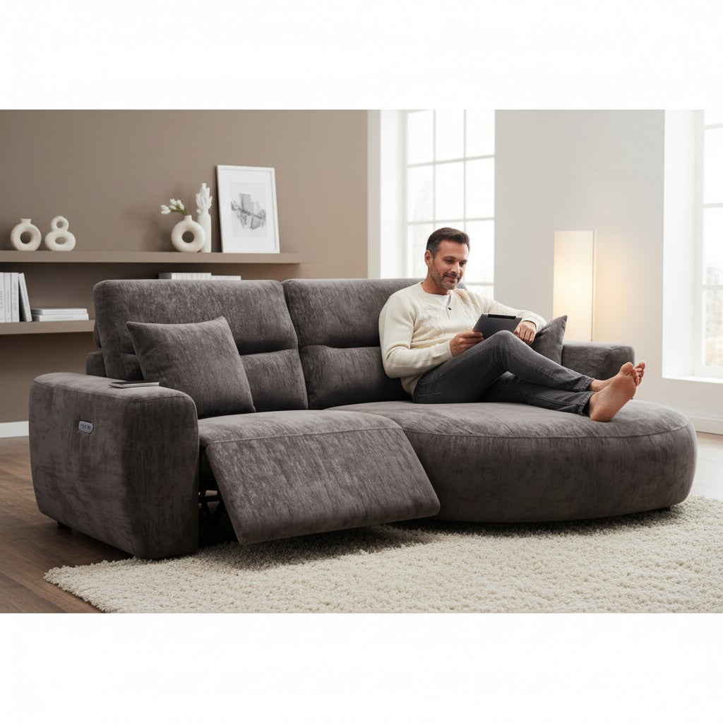 Denver Black Fabric Electric Recliner Rounded Chaise Right Hand Sofa
