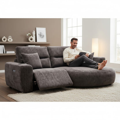 Denver Black Fabric Electric Recliner Rounded Chaise Right Hand Sofa
