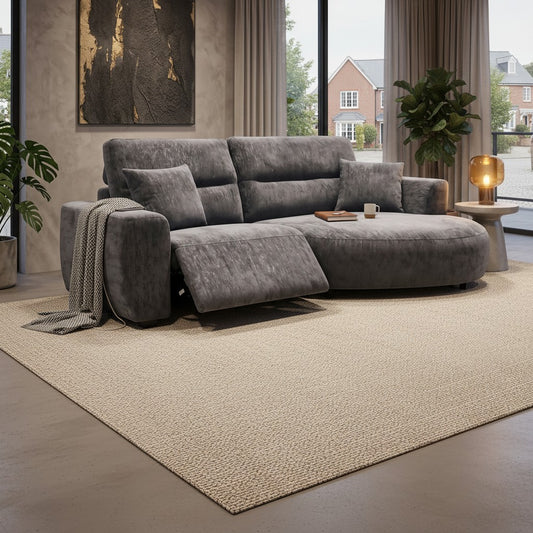 Denver Black Fabric Electric Recliner Rounded Chaise Right Hand Sofa
