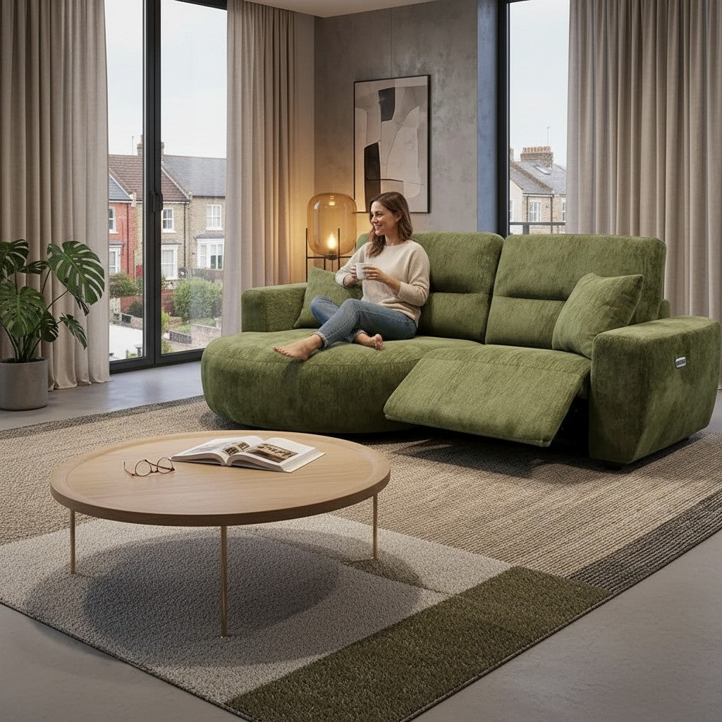Denver Green Fabric Electric Recliner Rounded Chaise Left Hand Sofa