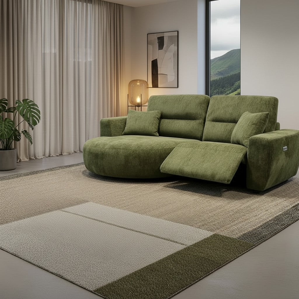 Denver Green Fabric Electric Recliner Rounded Chaise Left Hand Sofa