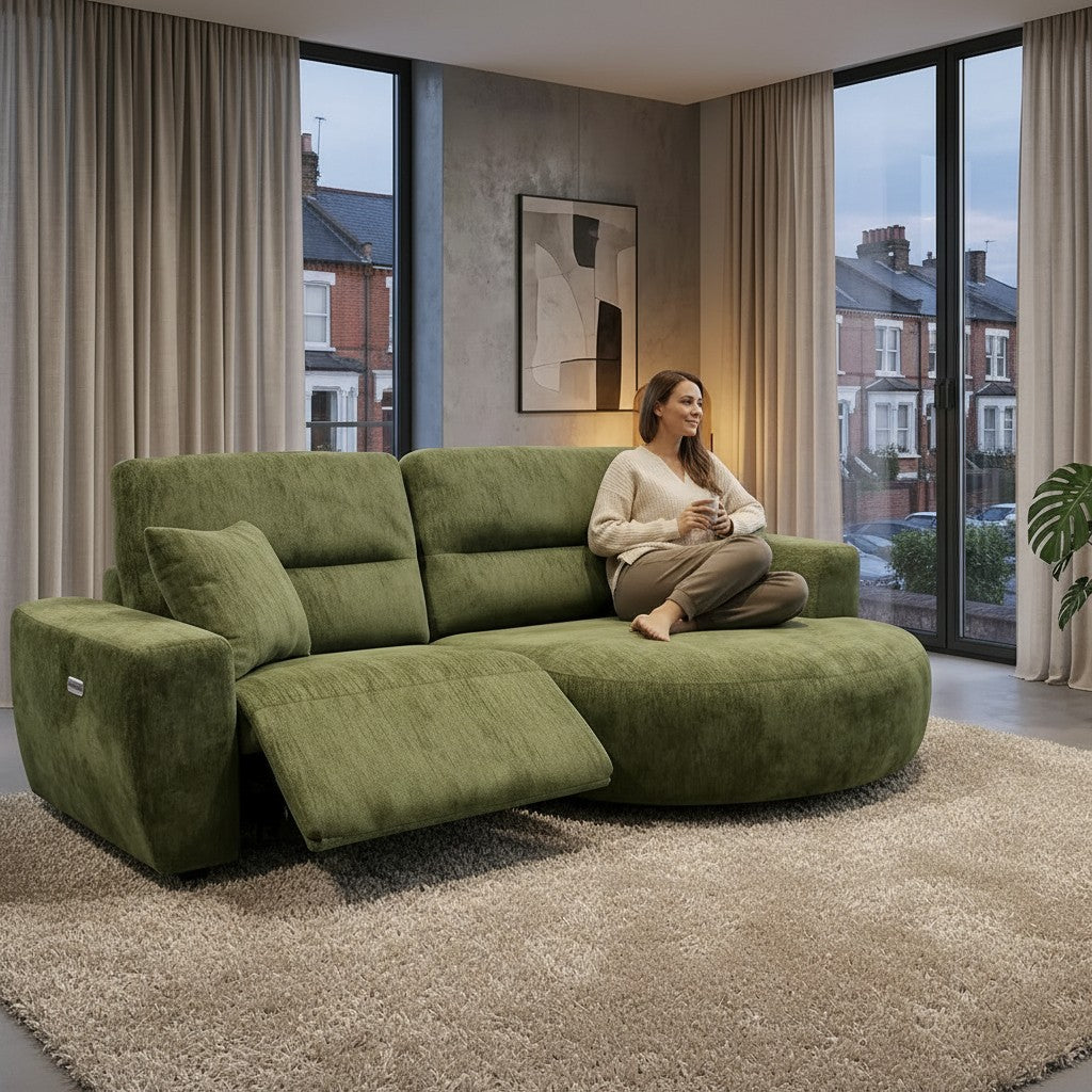 Denver Green Fabric Electric Recliner Rounded Chaise Right Hand Sofa