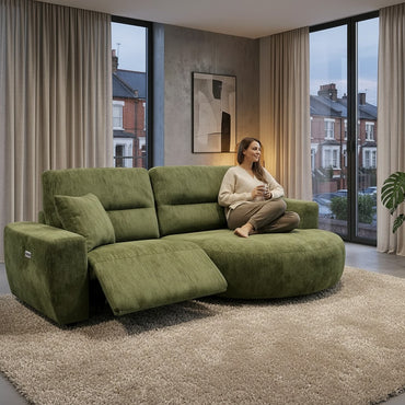 Denver Green Fabric Electric Recliner Rounded Chaise Right Hand Sofa
