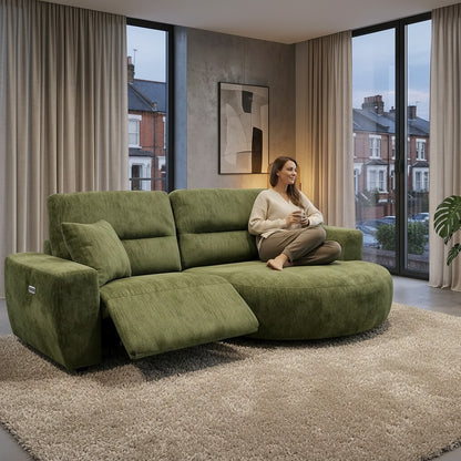 Denver Green Fabric Electric Recliner Rounded Chaise Right Hand Sofa