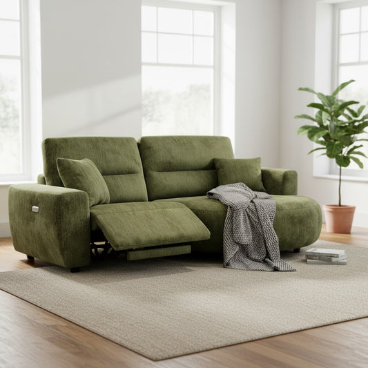 Denver Green Fabric Electric Recliner Rounded Chaise Right Hand Sofa