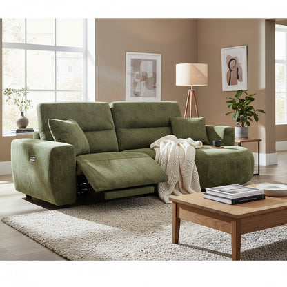 Denver Green Fabric Electric Recliner Rounded Chaise Right Hand Sofa