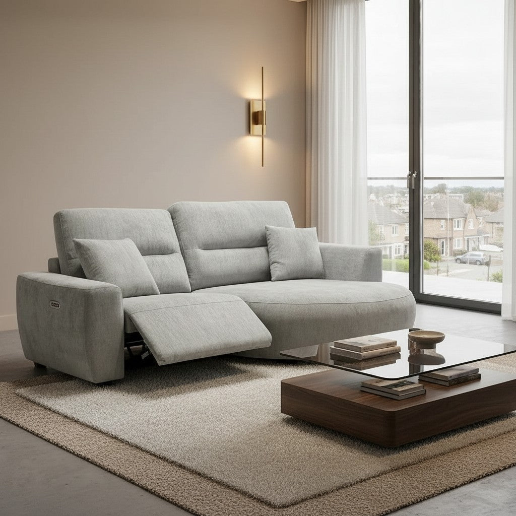 Denver Grey Fabric Electric Recliner Rounded Chaise Right Hand Sofa