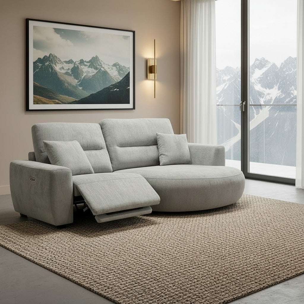 Denver Grey Fabric Electric Recliner Rounded Chaise Right Hand Sofa