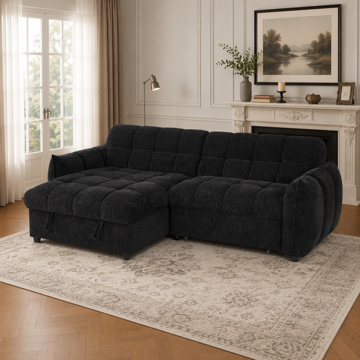 Florida Sofabed Black Fabric Universal Storage Corner Sofa