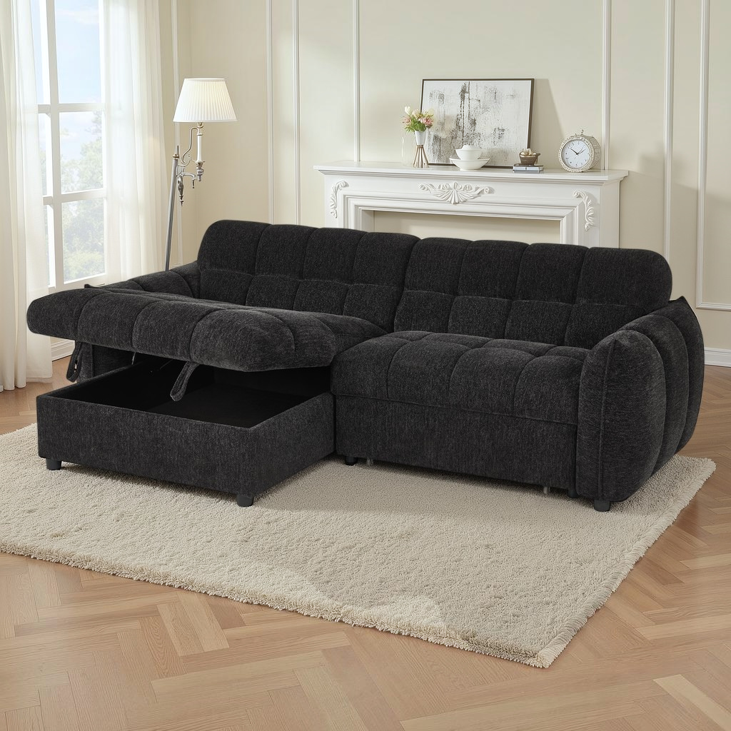 Florida Sofabed Black Fabric Universal Storage Corner Sofa