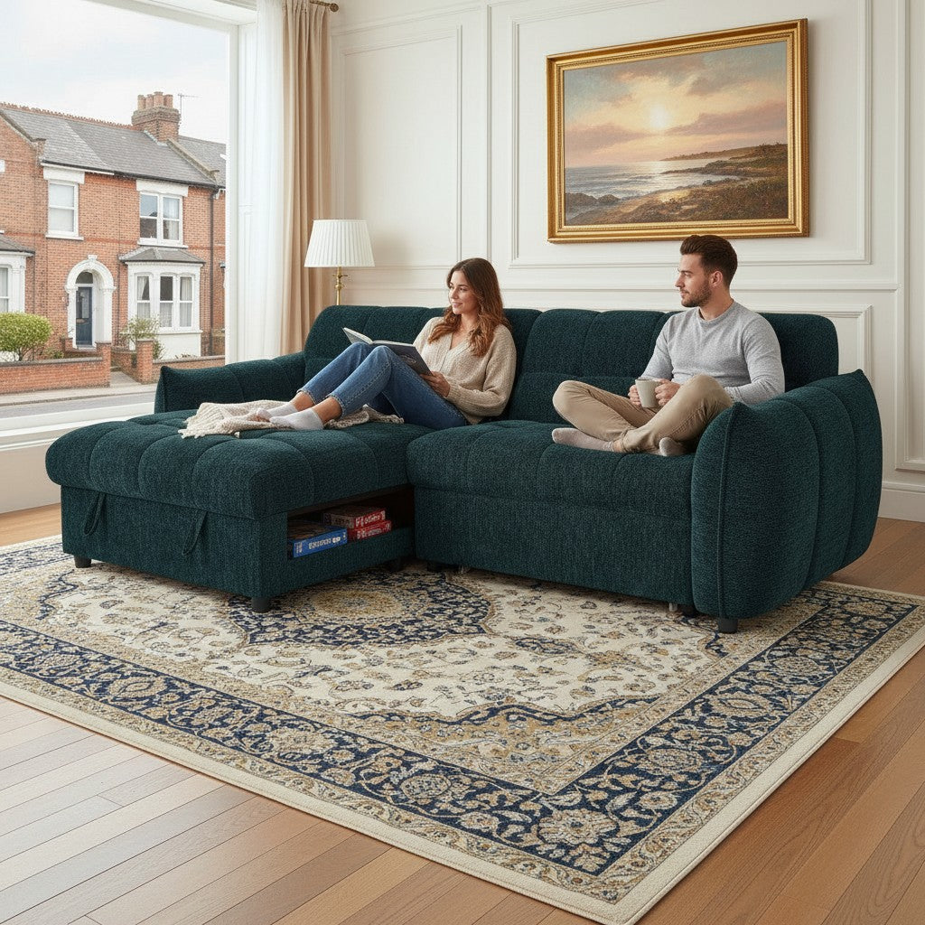 Florida Sofabed Teal Green Fabric Universal Storage Corner Sofa