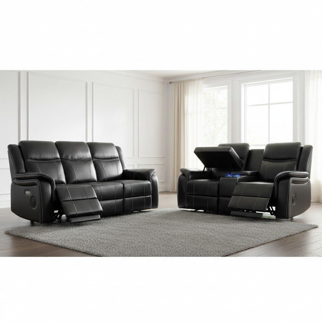 Galaxy Tech Electric Recliner Black Faux Leather Cinema Console 3+2 Sofa Suite