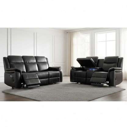Galaxy Tech Electric Recliner Black Faux Leather Cinema Console 3+2 Sofa Suite