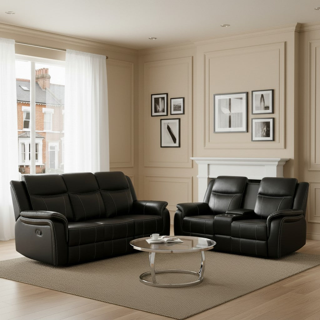 Galaxy Tech Electric Recliner Black Faux Leather Cinema Console 3+2 Sofa Suite
