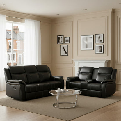 Galaxy Tech Electric Recliner Black Faux Leather Cinema Console 3+2 Sofa Suite