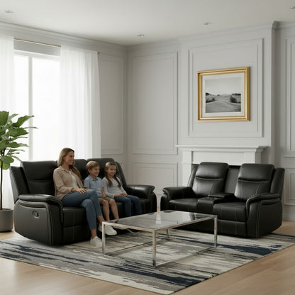Galaxy Tech Electric Recliner Black Faux Leather Cinema Console 3+2 Sofa Suite