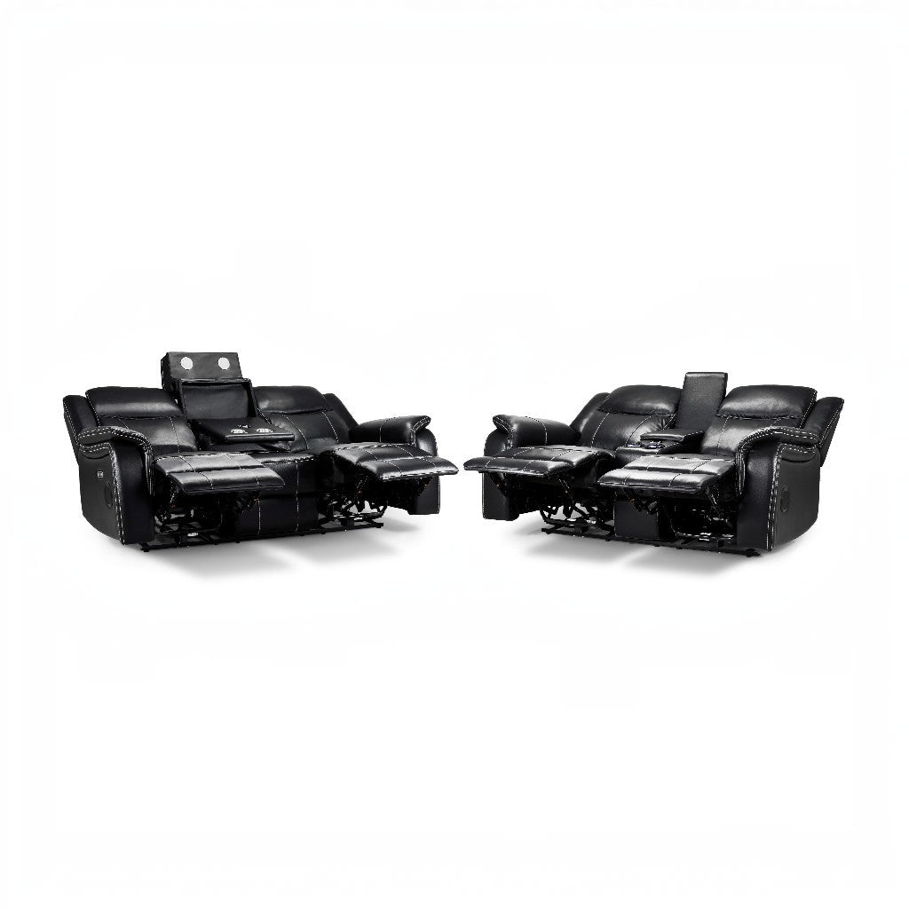 Galaxy Tech Electric Recliner Black Faux Leather Cinema Console 3+2 Sofa Suite
