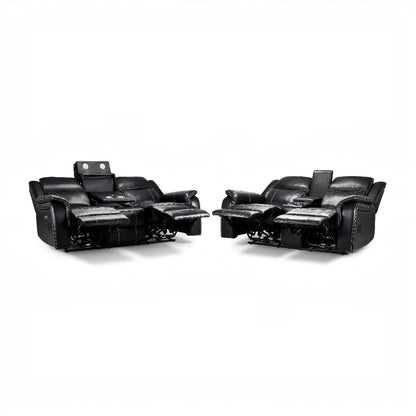 Galaxy Tech Electric Recliner Black Faux Leather Cinema Console 3+2 Sofa Suite