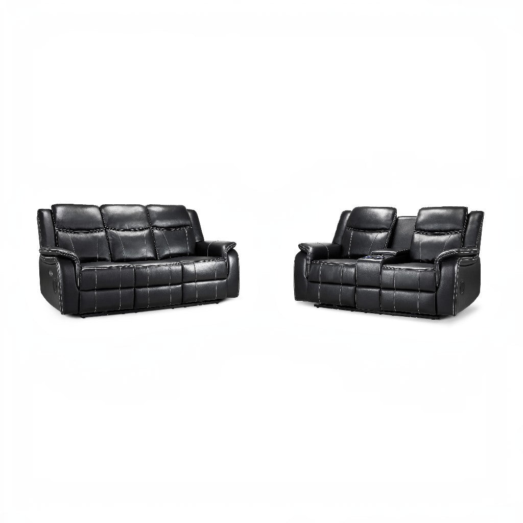 Galaxy Tech Electric Recliner Black Faux Leather Cinema Console 3+2 Sofa Suite
