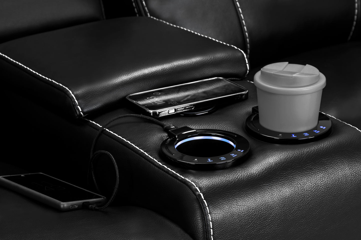 Galaxy Tech Electric Recliner Black Leather Cinema Console 2 Seater Sofa