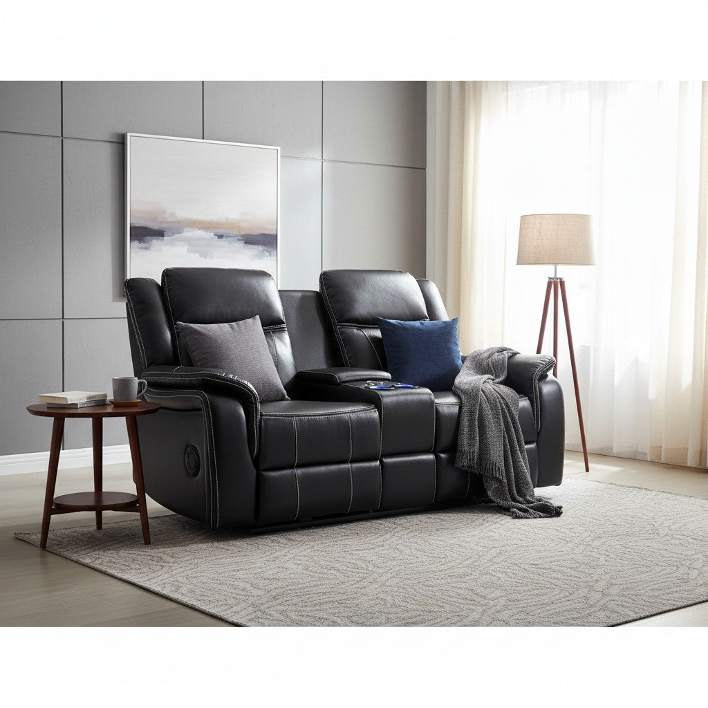 Galaxy Tech Electric Recliner Black Leather Cinema Console 2 Seater Sofa