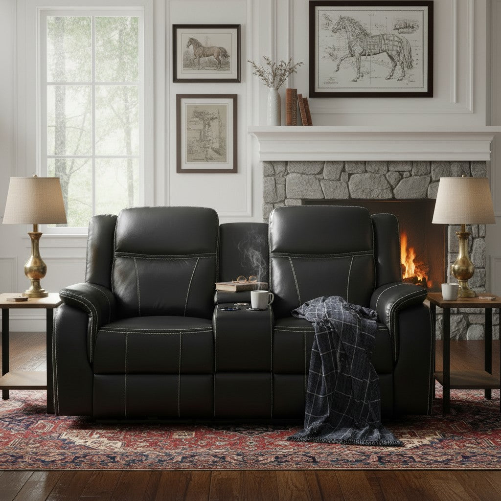 Galaxy Tech Electric Recliner Black Leather Cinema Console 2 Seater Sofa
