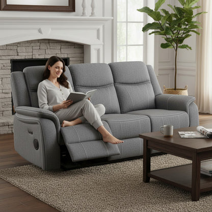 Galaxy Tech Electric Recliner Grey Fabric Cinema Console 3 Seater Sofa