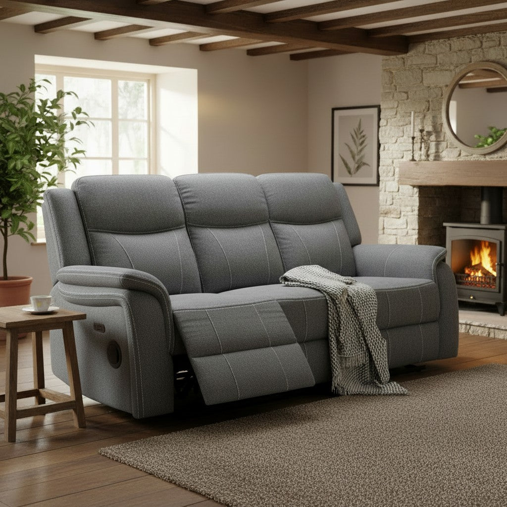 Galaxy Tech Electric Recliner Grey Fabric Cinema Console 3 Seater Sofa