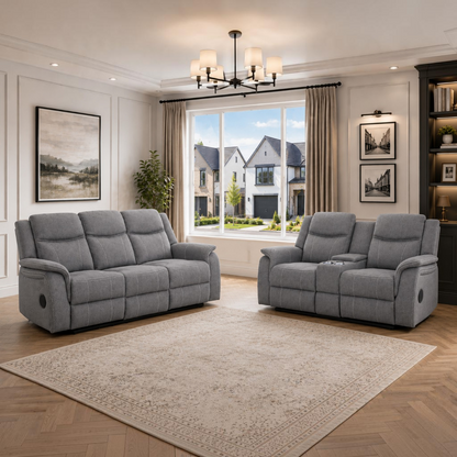 Galaxy Tech Electric Recliner Grey Fabric Cinema Console 3+2 Sofa Suite