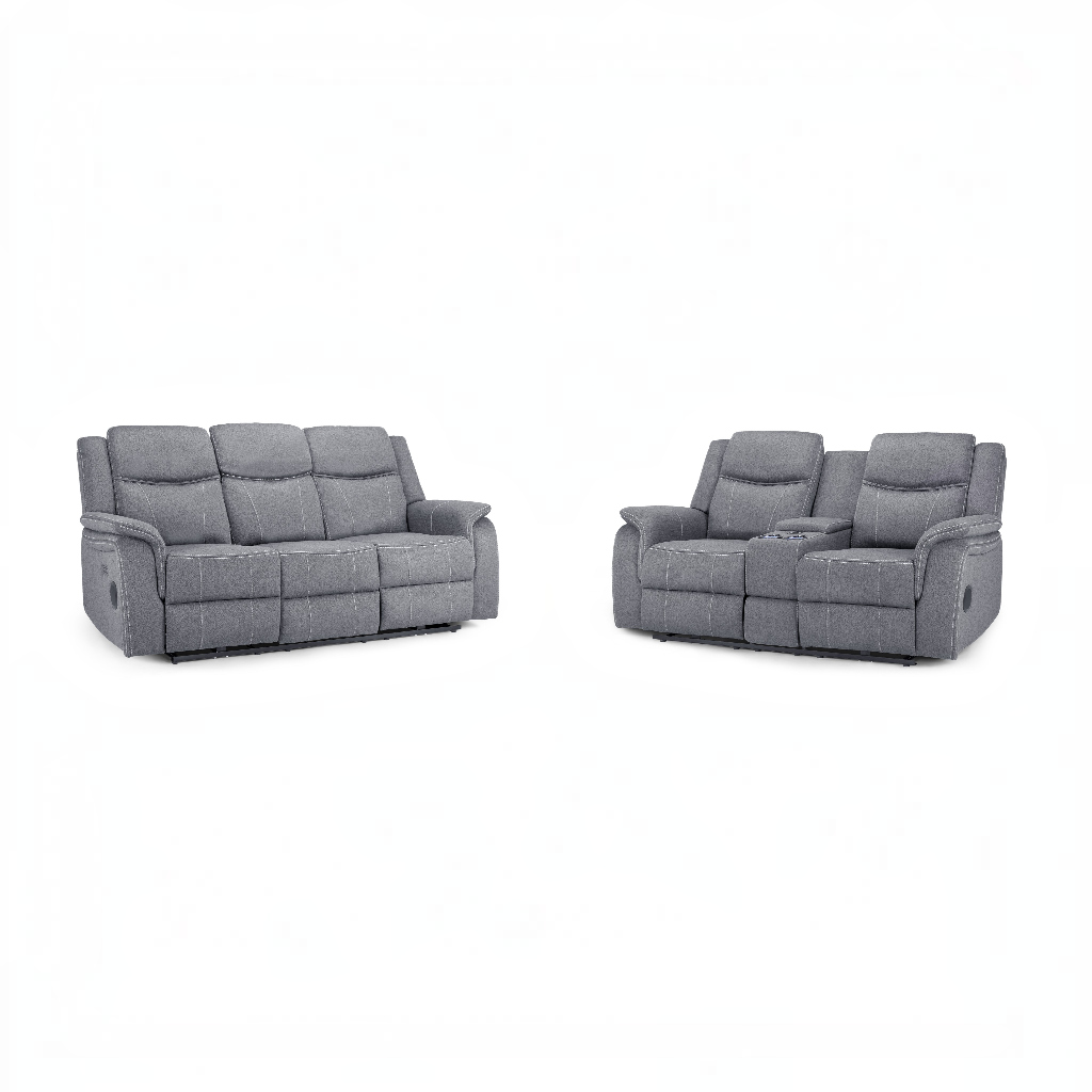 Galaxy Tech Electric Recliner Grey Fabric Cinema Console 3+2 Sofa Suite