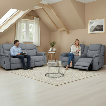 Galaxy Tech Electric Recliner Grey Fabric Cinema Console 3+2 Sofa Suite