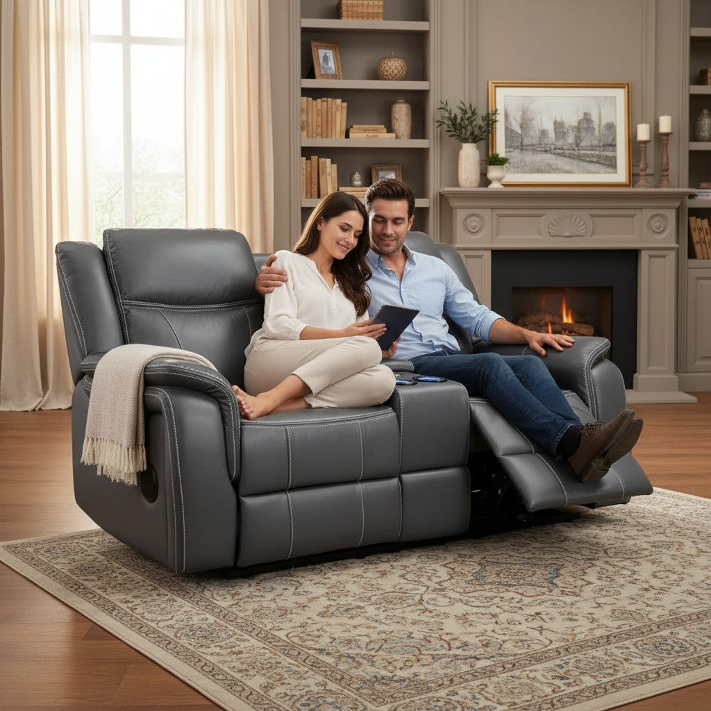 Galaxy Tech Electric Recliner Grey Leather Cinema Console 2 Seater Sofa