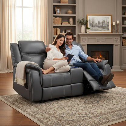 Galaxy Tech Electric Recliner Grey Leather Cinema Console 2 Seater Sofa