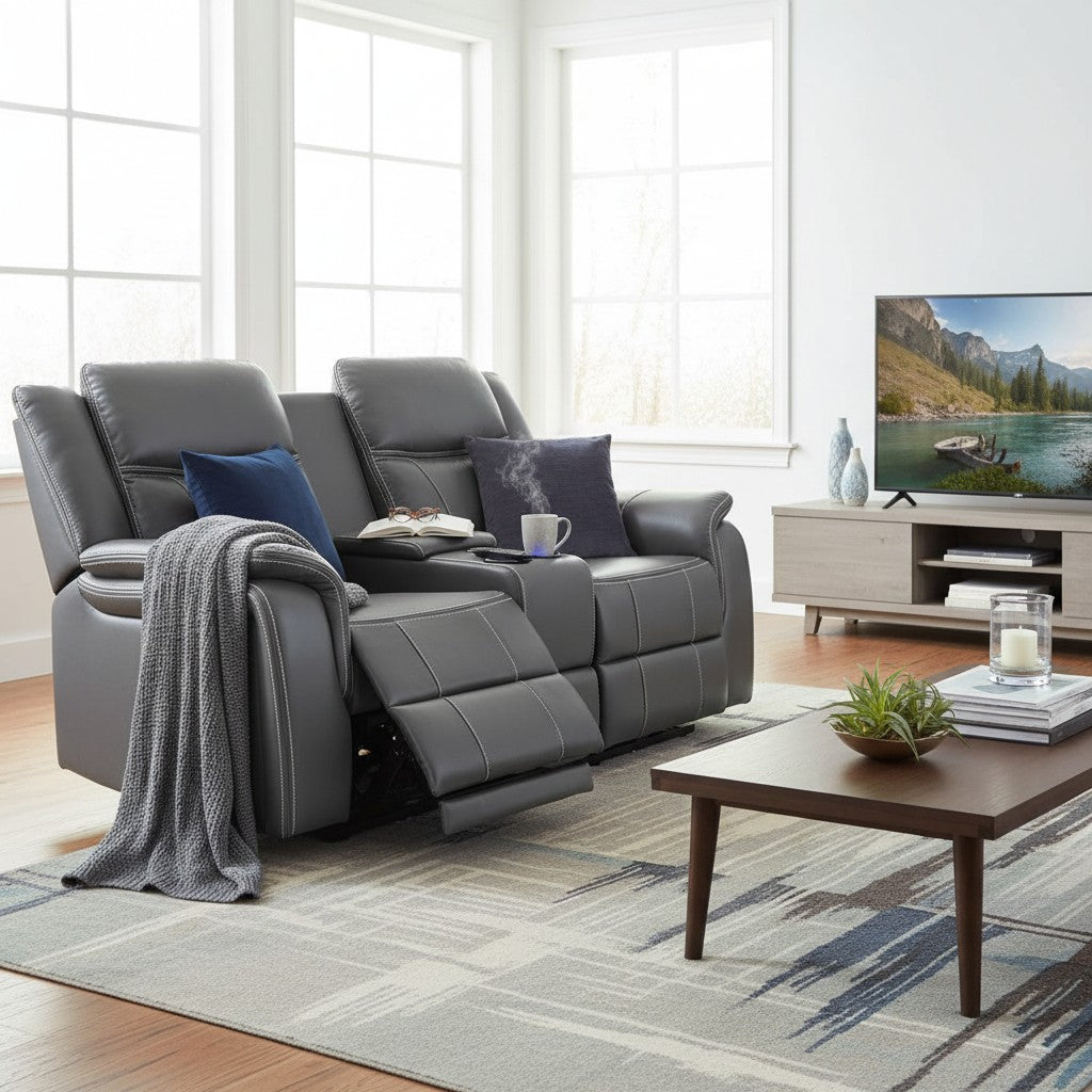 Galaxy Tech Electric Recliner Grey Leather Cinema Console 2 Seater Sofa