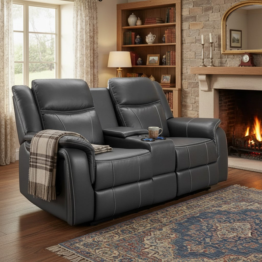 Galaxy Tech Electric Recliner Grey Leather Cinema Console 2 Seater Sofa