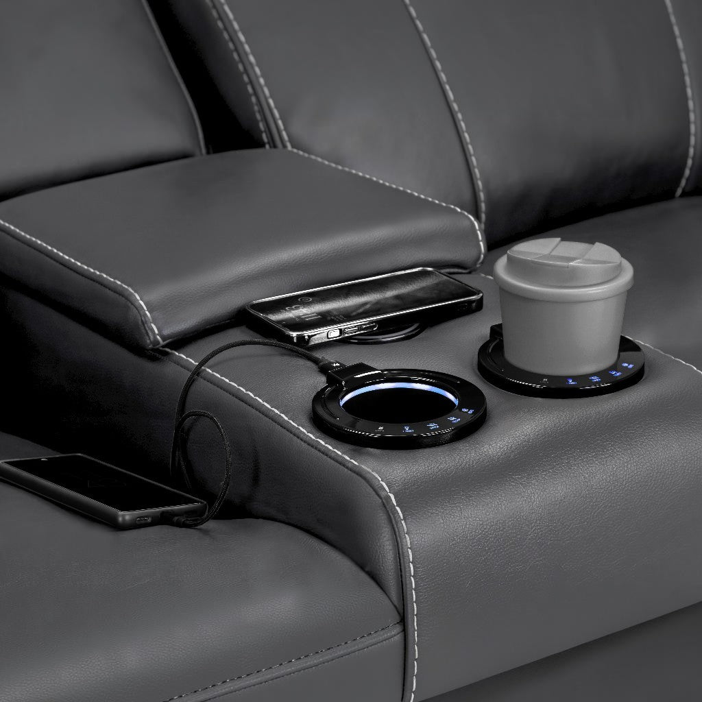 Galaxy Tech Electric Recliner Grey Faux Leather Cinema Console 3+2 Sofa Suite
