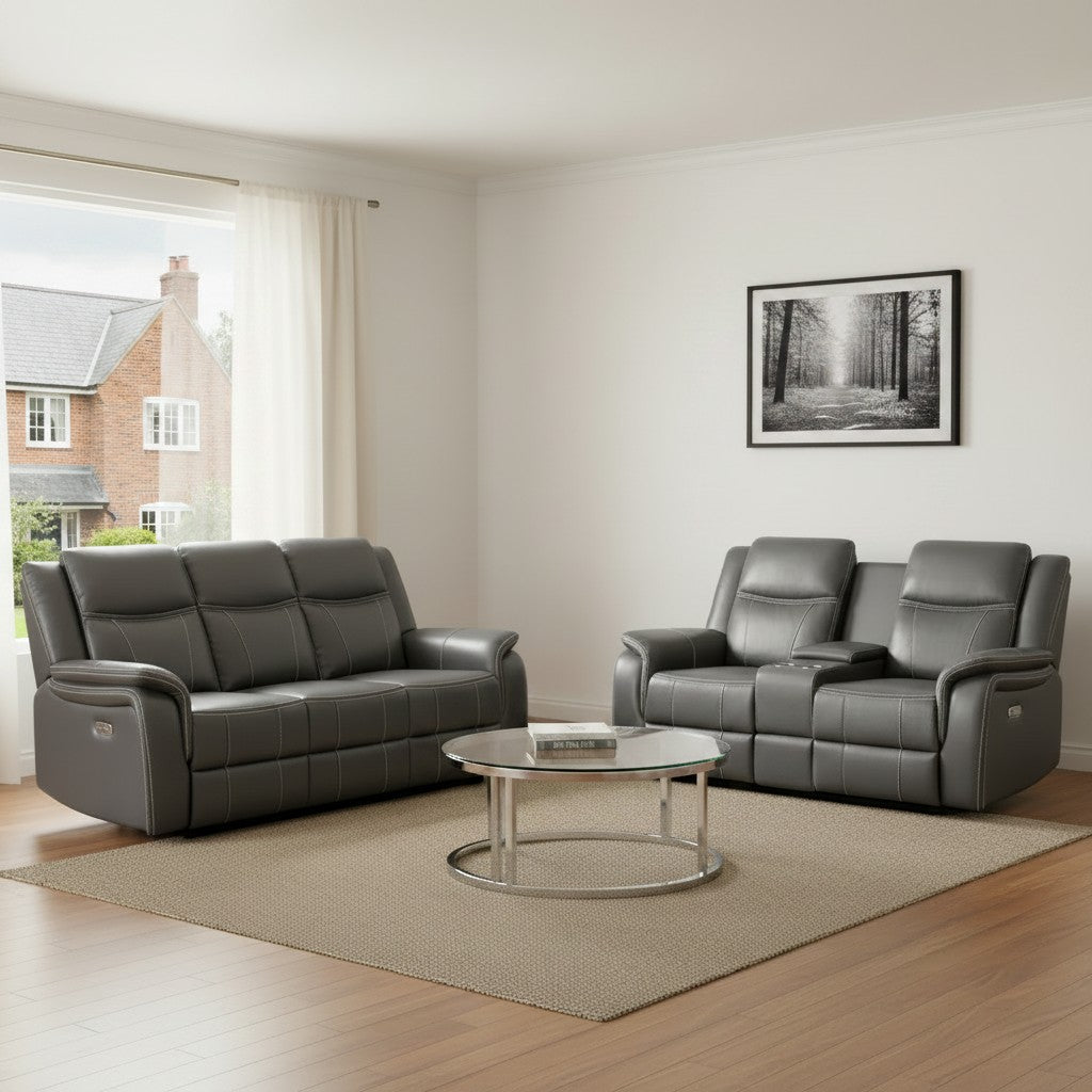 Galaxy Tech Electric Recliner Grey Faux Leather Cinema Console 3+2 Sofa Suite