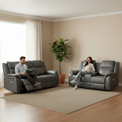 Galaxy Tech Electric Recliner Grey Faux Leather Cinema Console 3+2 Sofa Suite