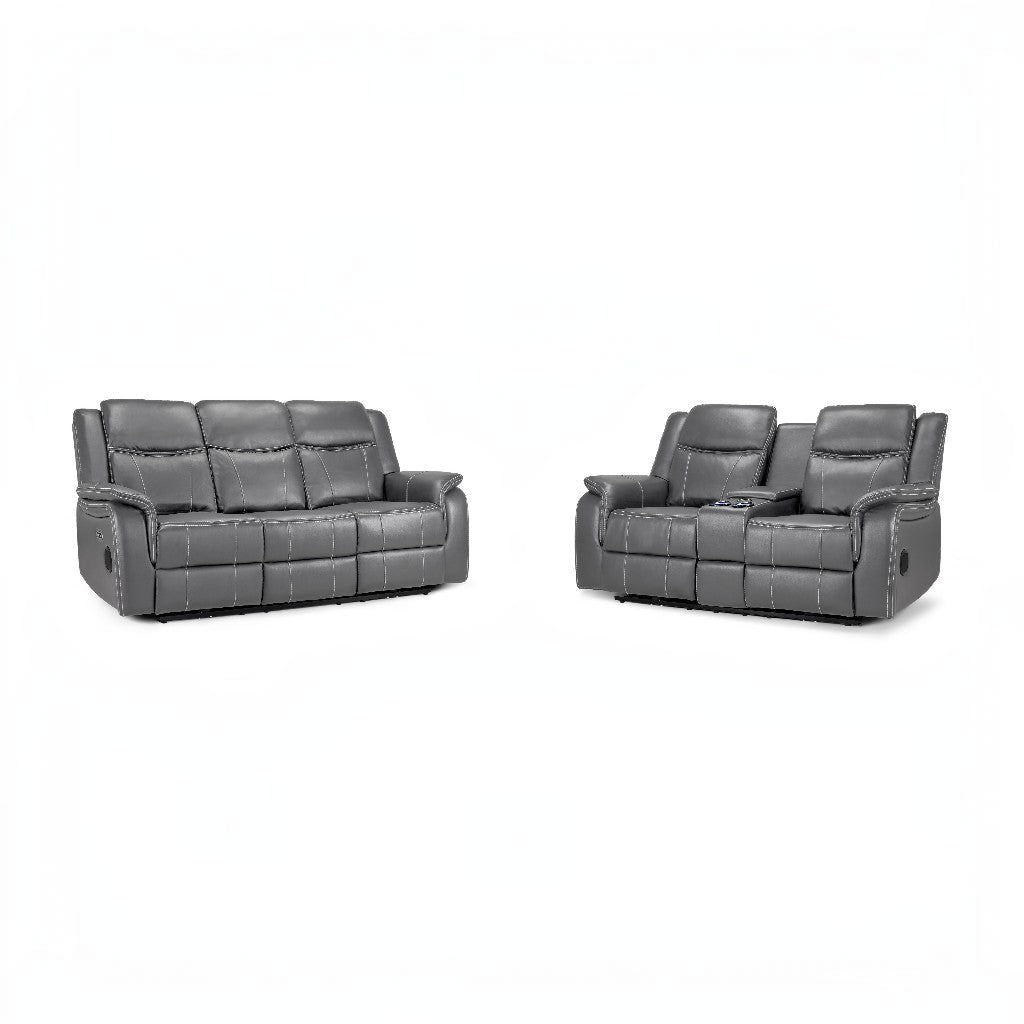 Galaxy Tech Electric Recliner Grey Faux Leather Cinema Console 3+2 Sofa Suite