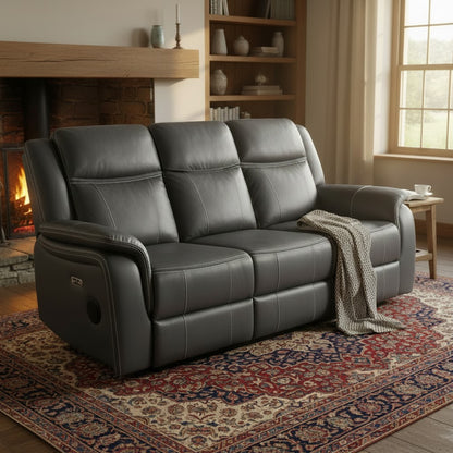 Galaxy Tech Electric Recliner Grey Leather Cinema Home 3 Seater Sofa