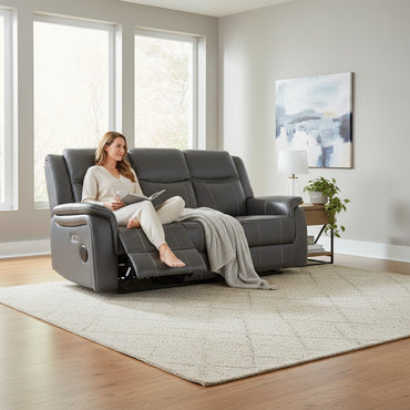 Galaxy Tech Electric Recliner Grey Leather Cinema Home 3 Seater Sofa