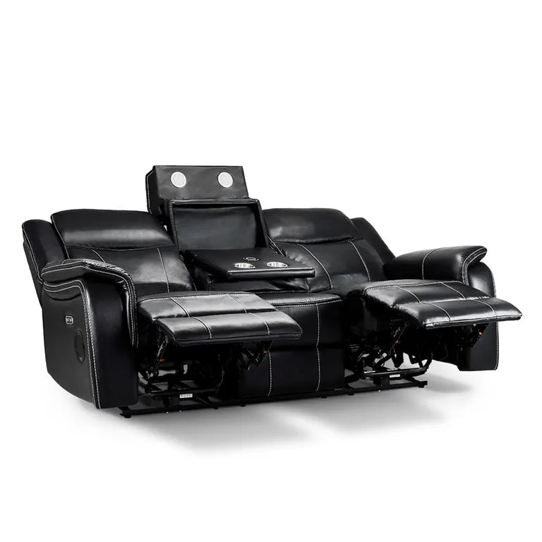 Galaxy Tech Electric Recliner Black Leather Cinema Console 3 Seater Sofa