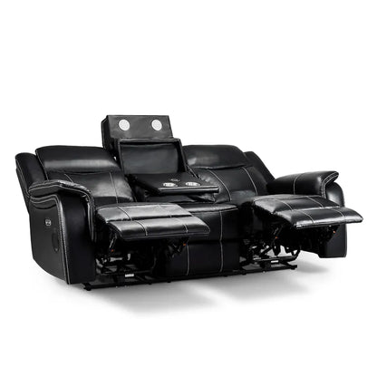 Galaxy Tech Electric Recliner Black Leather Cinema Console 3 Seater Sofa
