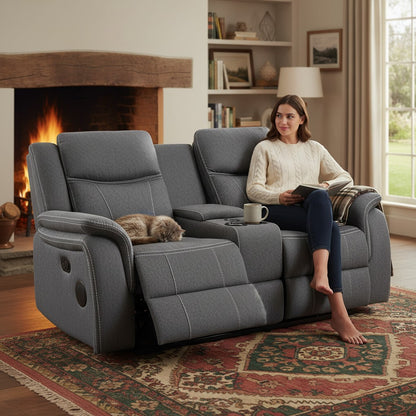 Galaxy Tech Electric Recliner Grey Fabric Cinema 2 Seater Sofa
