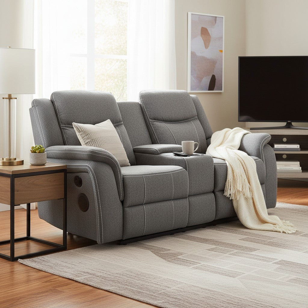 Galaxy Tech Electric Recliner Grey Fabric Cinema 2 Seater Sofa