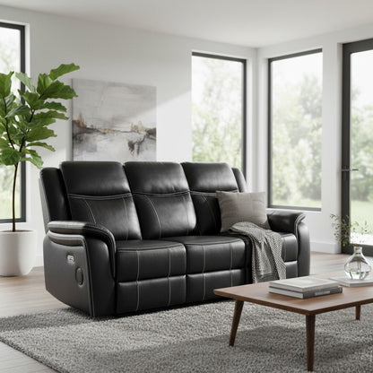 Galaxy Tech Electric Recliner Black Leather Cinema Console 3 Seater Sofa