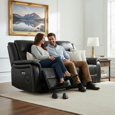 Galaxy Tech Electric Recliner Black Leather Cinema Console 3 Seater Sofa