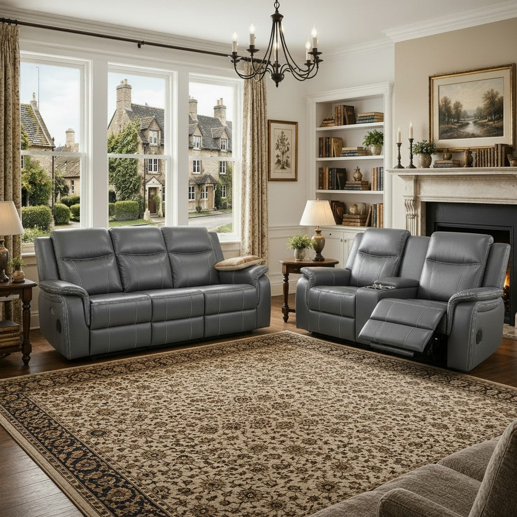 Galaxy Tech Electric Recliner Grey Faux Leather Cinema Console 3+2 Sofa Suite