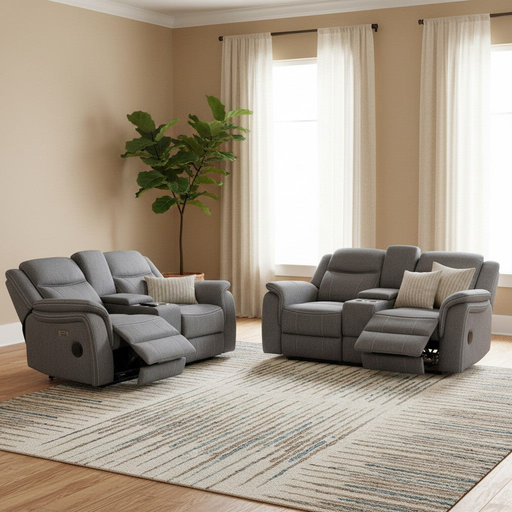 Galaxy Tech Electric Recliner Grey Fabric Cinema Console 3+2 Sofa Suite