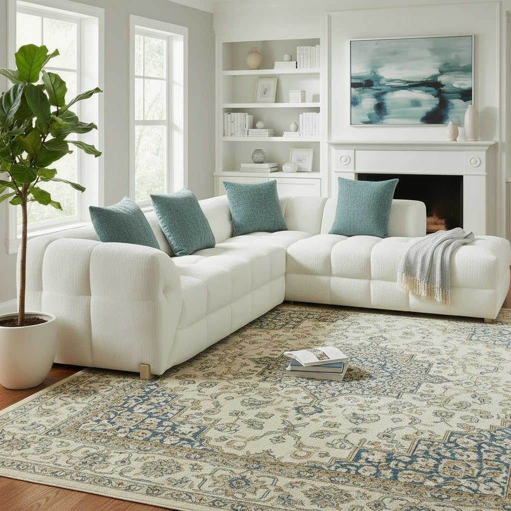 Genoa Beige Cream Fabric Right Hand L-Shape Corner Sofa